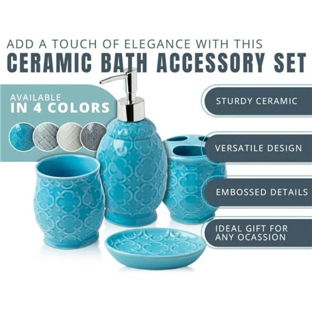 Blue Ceramic Bathroom Accessory Set 4 Piece Soap Dish Toothbrush Holder Tumbler